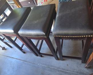 Set of 3 Dark Upholstered Bar Stools with Nailhead Trim