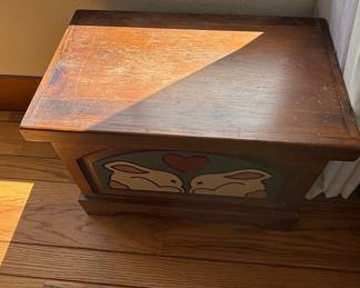 Vintage Hand-Painted Wooden Toy Chest with Bunny and Heart Motif