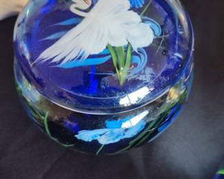 Signed Daniel Salazar Lumberg studios art Glass Paperweight with Swan and Floral Motif