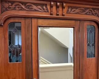 Antique Victorian Walnut Wardrobe Armoire with Mirror and Stained Glass Accents