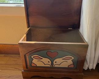 Vintage Hand-Painted Wooden Toy Chest with Bunny and Heart Motif