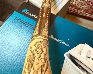 Carved Bone or Ivory Powder Horn with Figural Scenes and Attached Blade