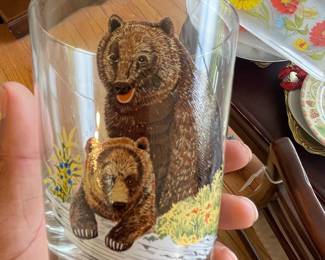 Grizzly Bear and Cub Glass Tumbler with Gold Rim