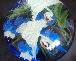 Daniel Salcedo Glass Paperweight with Cranes and Flowers