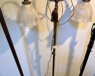 Antique Double Arm "Bridge" Floor Lamp with Fluted Glass Shades