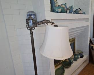 Victorian Style Bridge Floor Lamp with Chinoiserie Ceramic Accent