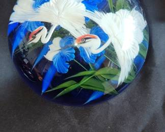 Daniel Salazar Glass Art Paperweight with Cranes and Blue Flowers