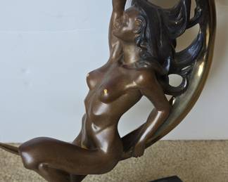 Art Deco Nude Woman on Crescent Moon Bronze Sculpture