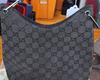 Gucci Black Suede GG Monogram Bamboo Handle Hobo Bag