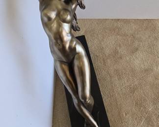 Art Deco Bronze Finished Nude Woman Sculpture on Marble Base