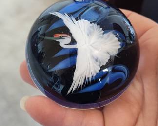 Hand-Blown Glass Paperweight with Crane