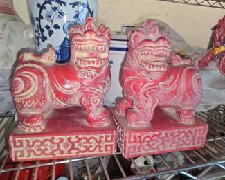 Pair of Red and Yellow Foo Dogs on Pedestals
