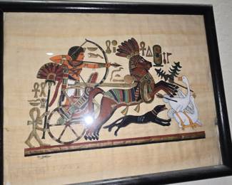 Egyptian Papyrus Painting with Chariot Scene