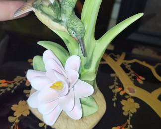 Porcelain Hummingbird Figurine with Flower