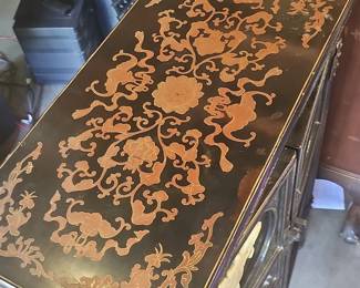Vintage Chinese Black Lacquer Chinoiserie Cabinet with Inlaid Motifs
