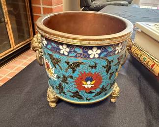 Chinese Cloisonné Bronze Planter with Dragon Handles and Xuande Mark