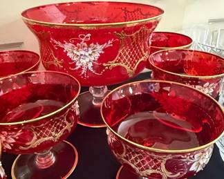 Antique Bohemian Ruby Red Glass Compote Set with Gilt and Enameled Floral Decoration