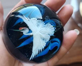 Daniel Salazar Lundberg Studios Glass Paperweight with Crane