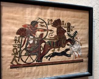 Hand-Painted Egyptian Papyrus Painting of a Chariot Scene with Signature