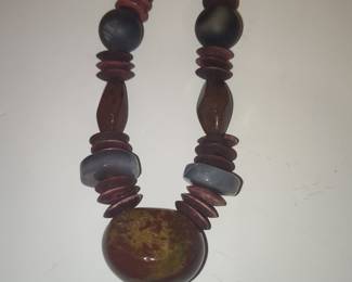 Bohemian Wood and Stone Beaded Necklace with Jasper Pendant
