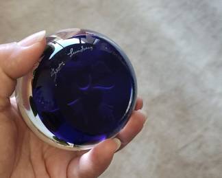 Signed Lundberg Studios "Pink Flower" Glass Paperweight