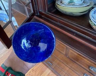 Murano Style Art Glass Champagne Flute with Cobalt Blue Foot and Yellow Speckled Stem