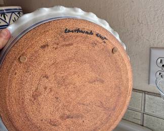 Handmade Ceramic Pie Plate with Blue Floral Motif by Earthworks Pottery