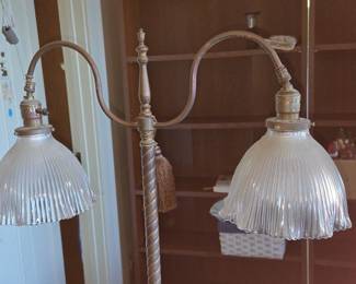 Art Nouveau Double-Arm Floor Lamp with Fluted Glass Shades