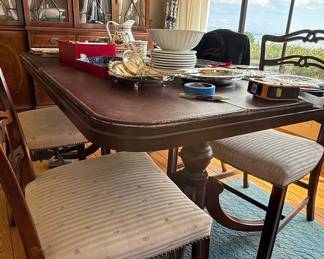 Antique Mahogany Dining Table with Leather Top and Set of Six Chairs