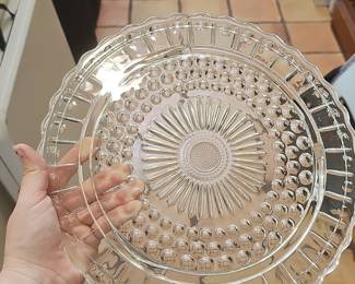 Clear Glass Hobnail and Sunburst Cake Stand with Scalloped Edge