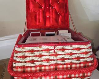 JCPenney Red Gingham and Wicker Sewing Basket
