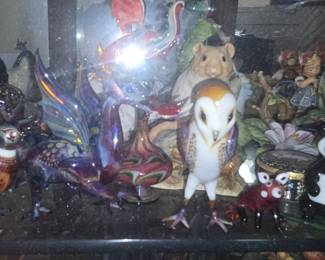 Assorted Glass Animal Figurines, including Murano Style Owl, Dragon, Pheasant, Red Panda, and Ceramic Children Figurines