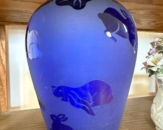 Frosted Cobalt Blue Glass Vase with Rabbit Motifs,  A&E Lourf 
