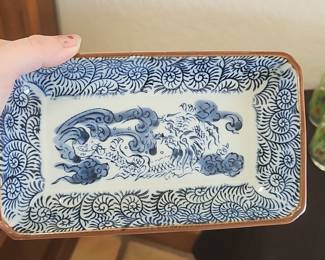 Antique Chinese Blue and White Porcelain Dragon Rectangular Tray