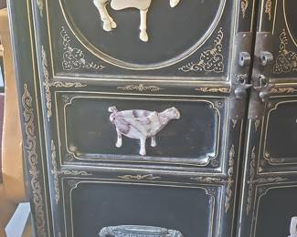 Vintage Chinese Black Lacquer Chinoiserie Cabinet with Inlaid Motifs