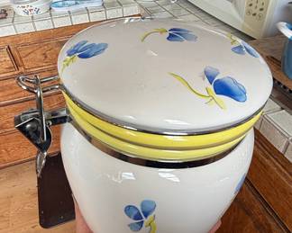 Vintage Inspirado Stonelite Ceramic Canister with Blue Iris Floral Motif and Metal Clasp
