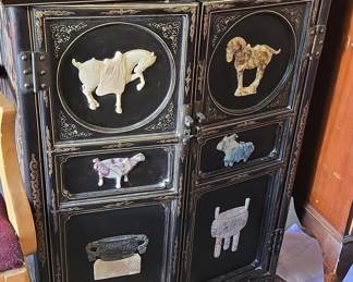 Chinese Export Lacquer Cabinet with Zodiac Motifs and Inlaid Mother of Pearl