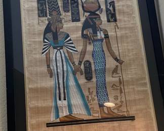 Framed Egyptian Papyrus Painting of Isis and Queen Nefertari