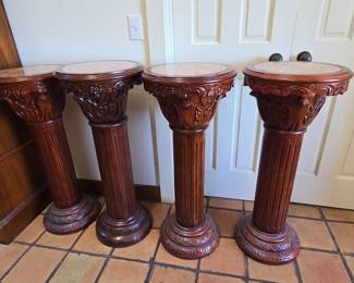 Set of Four Carved Wood Pedestal Stands with Marble Tops