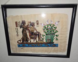 Egyptian Papyrus Painting of Pharaoh and Attendants