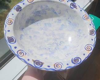 Hand-Painted Blue and White Ceramic Serving Bowl with Spiral Motifs