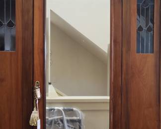 Antique Art Nouveau Wardrobe Armoire with Mirror and Stained Glass