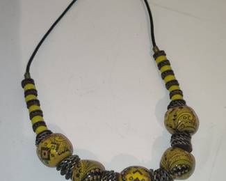 Yellow and Black Patterned "Trade" Style Glass Beads Necklace