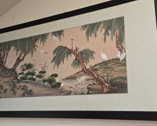 Asian Style Landscape Painting with Egrets and Lotus