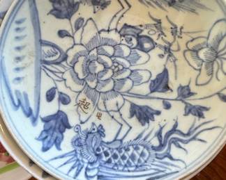 Antique Chinese Blue and White Porcelain Plate with Dragon and Phoenix