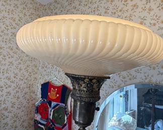 Art Deco Ribbed Frosted Glass Torchiere Floor Lamp