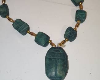 Egyptian Scarab Beetle Pendant Necklace with Jade Beads