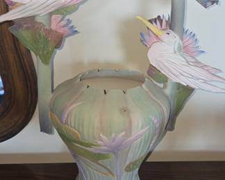 Y.  Adams 1998 Ceramic Art Vase with Birds and Water Lilies