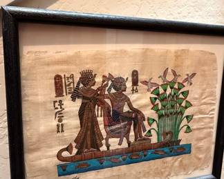 Signed Egyptian Papyrus Painting of King Tutankhamun and Queen Ankhesenamun on a Boat