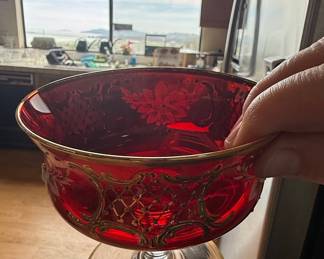 Antique Bohemian Ruby Red Glass Compote Set with Gilt and Enameled Floral Decoration